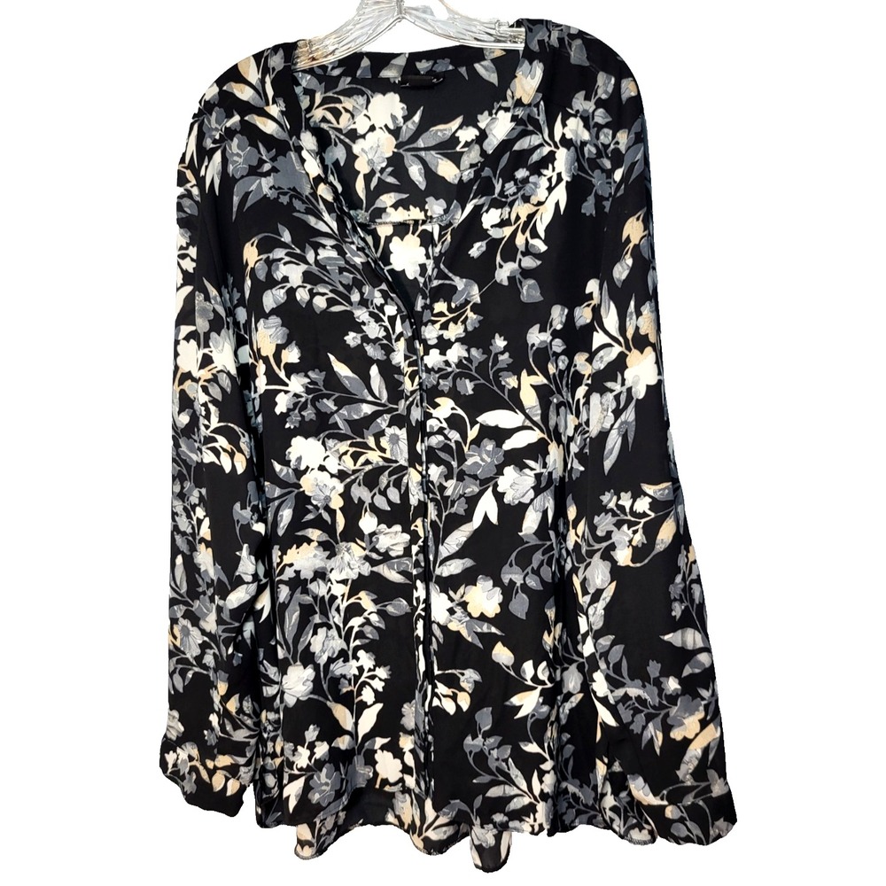 Simply Emma Black Floral V-Neck Hidden Button‎ Front Roll Tab Shirt  3X Career